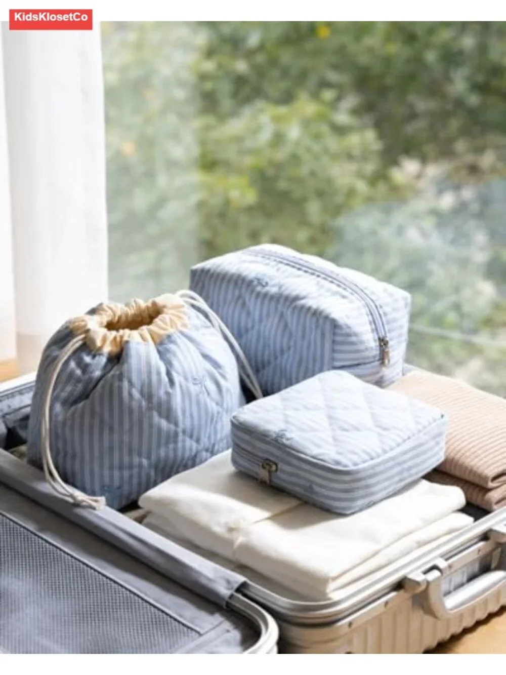 Quilted Cotton Makeup Bag Set 3-Piece Travel Toiletry Pouch Drawstring Gift